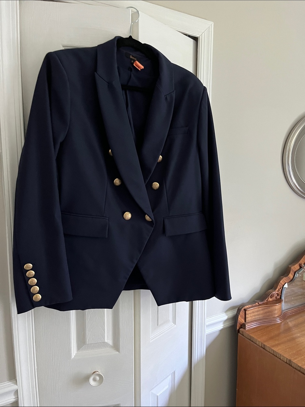 Quince Navy Double-Breasted Blazer with Gold Buttons